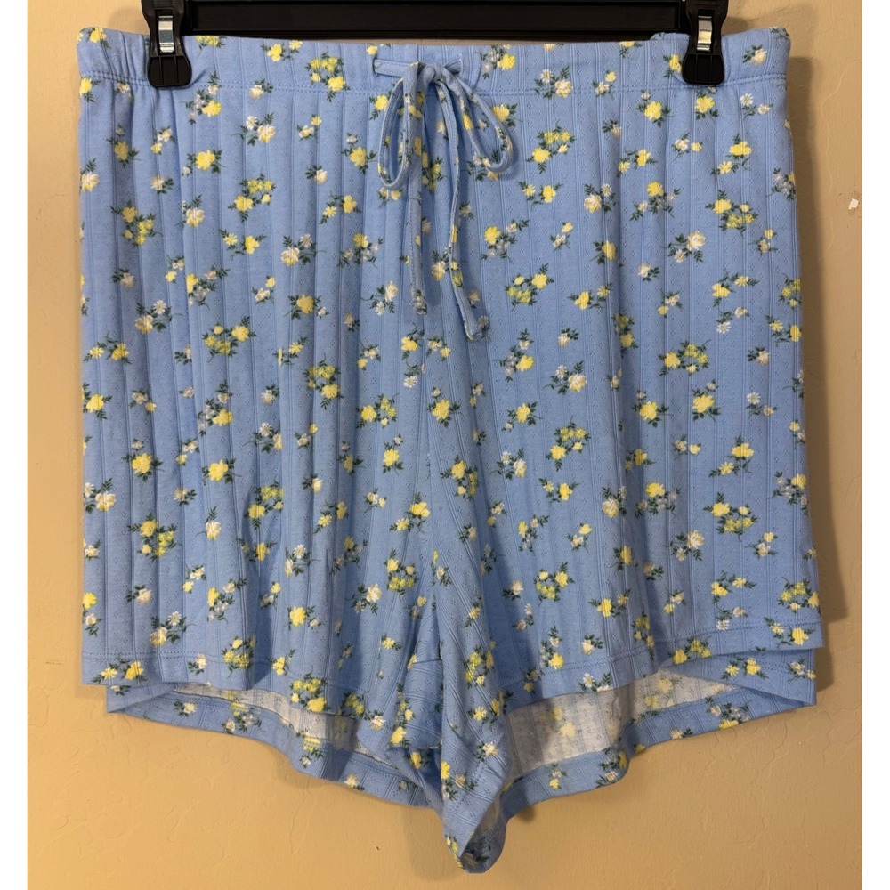 Joyspun Pajama Shorts Women 3X Blue Floral Ribbed Knit Drawstring Pockets NEW